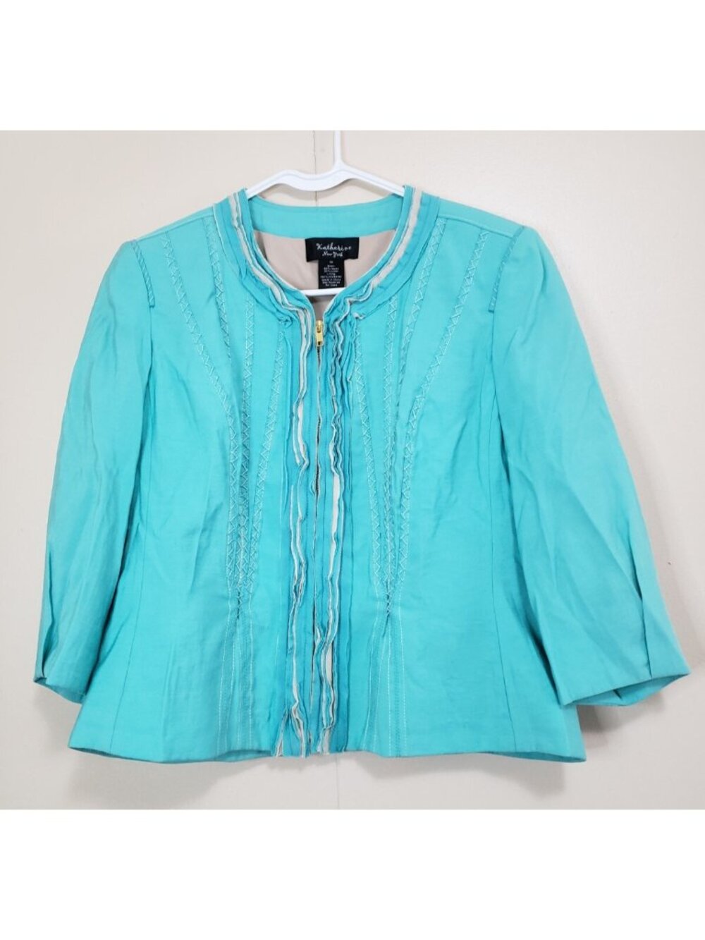 Katherine New York Womens M Jacket Aqua Full Zip Ruffle Edging Boho Stitching